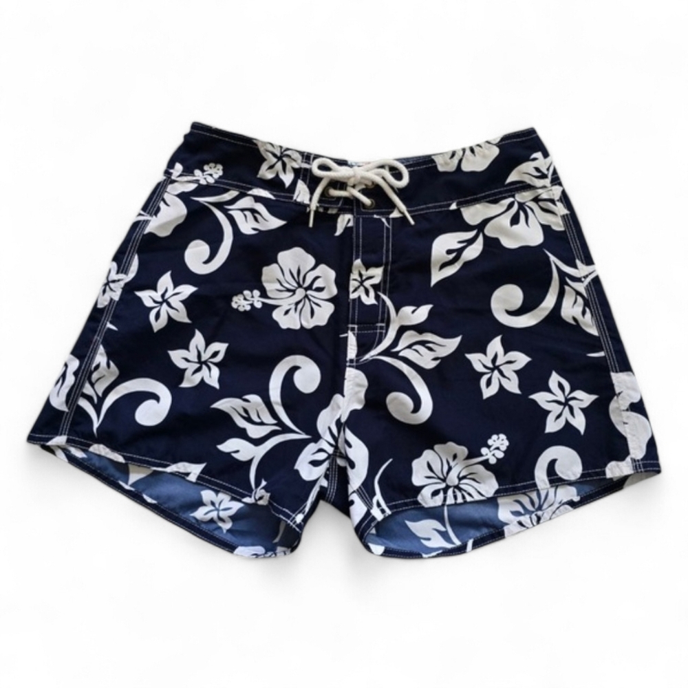 Tracy's Creations Women's Floral Print Microfiber Board Shorts Navy White 6-7